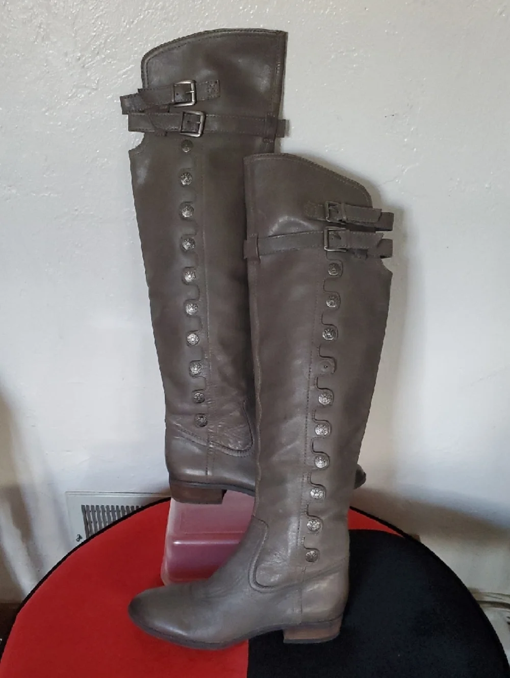 Sam Edelman Pierce 2 Button-Trim Tall Leather Riding Boots in Grey Size 8